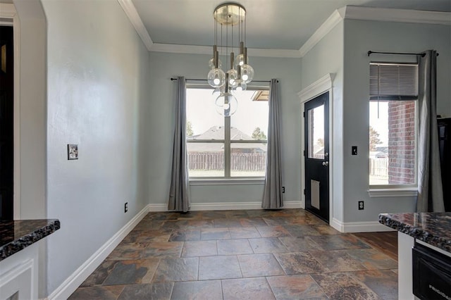 dining area with ornamental molding, a wealth of natural light, and a chandelier