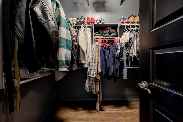 walk in closet with hardwood / wood-style floors