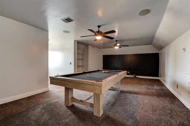 playroom with ceiling fan, dark colored carpet, lofted ceiling, and billiards