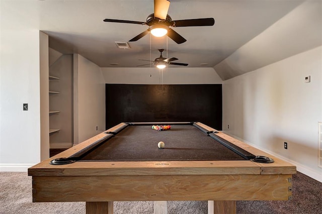 playroom featuring carpet, ceiling fan, built in features, lofted ceiling, and pool table