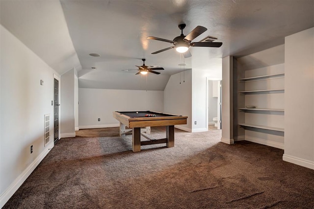 recreation room featuring dark carpet, built in shelves, vaulted ceiling, and billiards