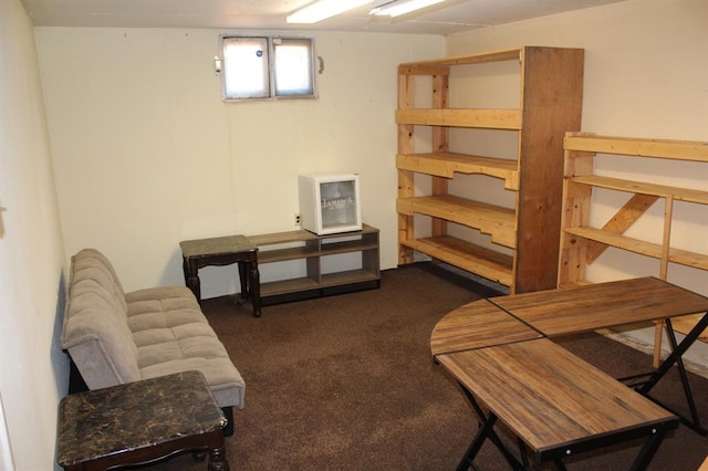 basement featuring dark colored carpet