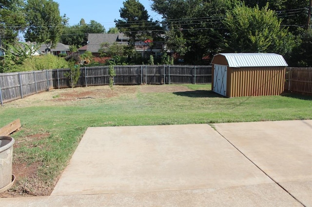 view of yard featuring a patio area and a shed