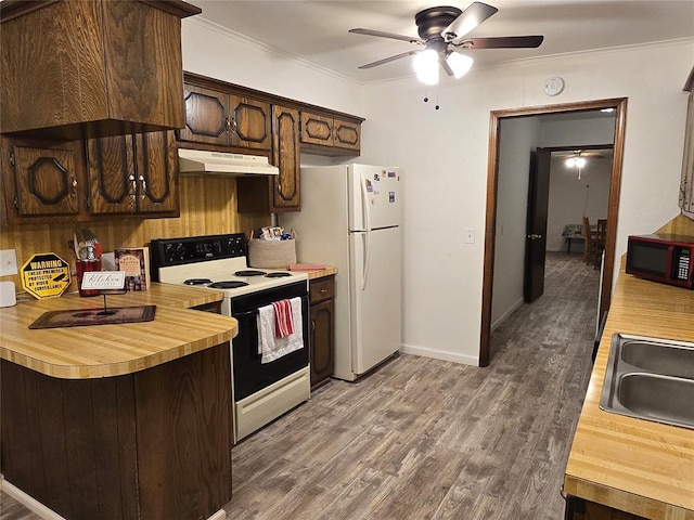 kitchen with dark brown cabinets, white appliances, ornamental molding, and wood-type flooring