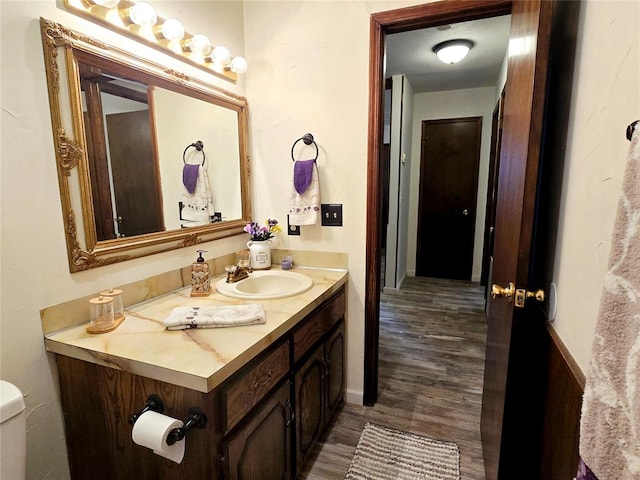 bathroom featuring vanity, toilet, and wood-type flooring