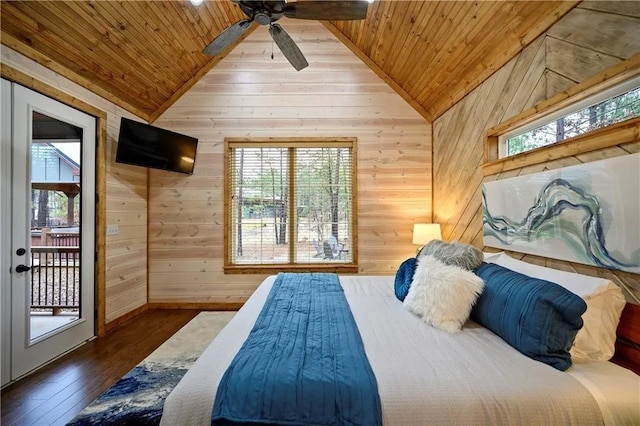 bedroom with dark hardwood / wood-style floors, wood ceiling, wooden walls, and multiple windows