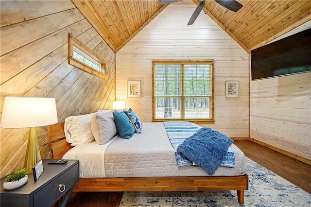 bedroom featuring hardwood / wood-style flooring, vaulted ceiling, wooden ceiling, and wood walls