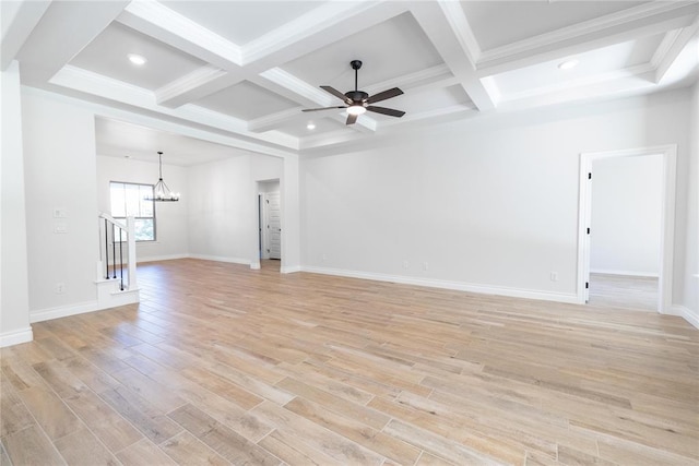 14001 Birch Ln, Edmond, OK 73049 - empty room featuring a chandelier, coffered ceiling, beam ceiling, ceiling fan, and light wood-style flooring