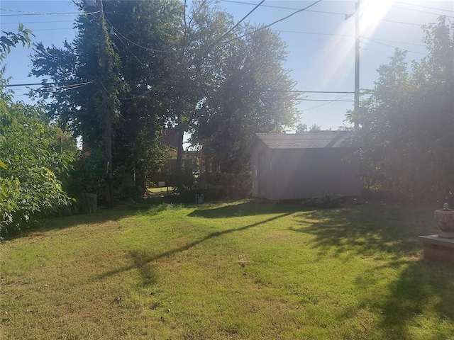 view of yard featuring a storage shed