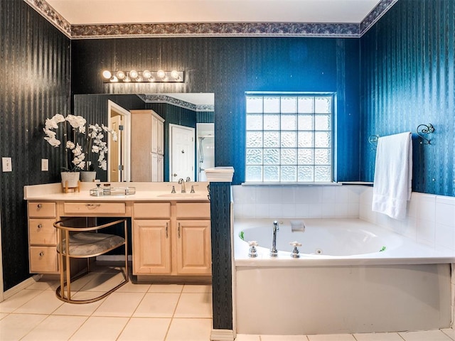 full bathroom featuring tile patterned flooring, vanity, a jetted tub, walk in shower, and wallpapered walls