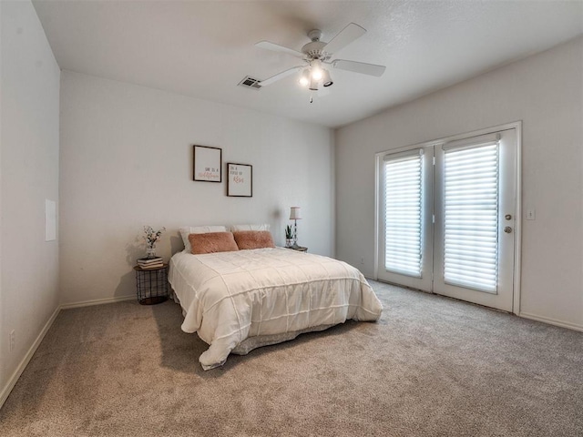 bedroom with ceiling fan, carpet flooring, visible vents, baseboards, and access to outside