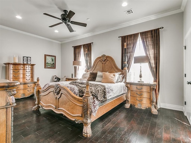 bedroom featuring crown molding, ceiling fan, and dark wood-type flooring