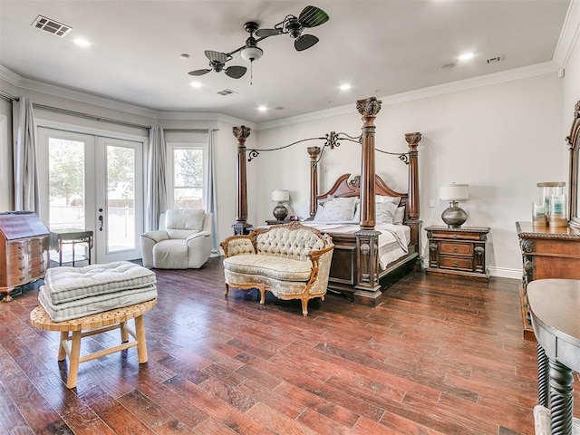 bedroom with access to exterior, dark hardwood / wood-style flooring, crown molding, and french doors