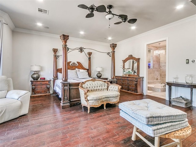 bedroom with ensuite bathroom, ceiling fan, dark hardwood / wood-style flooring, and ornamental molding