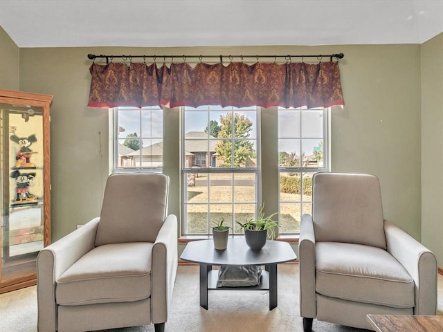 sitting room with light carpet and a healthy amount of sunlight