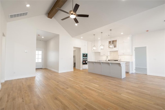 unfurnished living room with high vaulted ceiling, a ceiling fan, visible vents, light wood finished floors, and beam ceiling