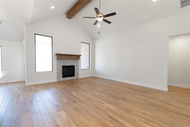 unfurnished living room with visible vents, a ceiling fan, beam ceiling, and light wood-style flooring