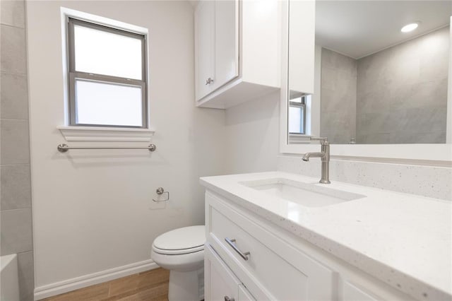 bathroom featuring toilet, plenty of natural light, vanity, and wood finished floors