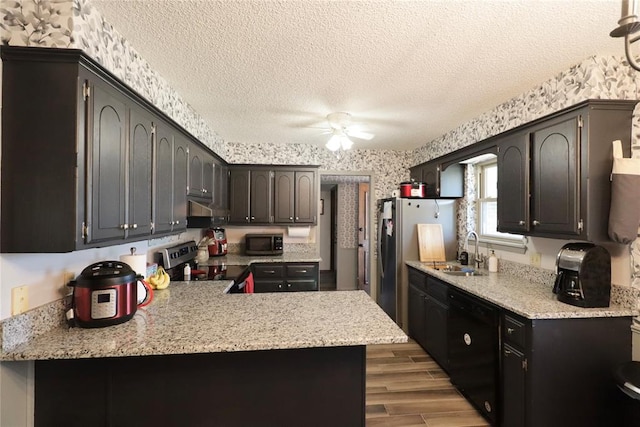 kitchen featuring sink, kitchen peninsula, light hardwood / wood-style floors, a textured ceiling, and appliances with stainless steel finishes