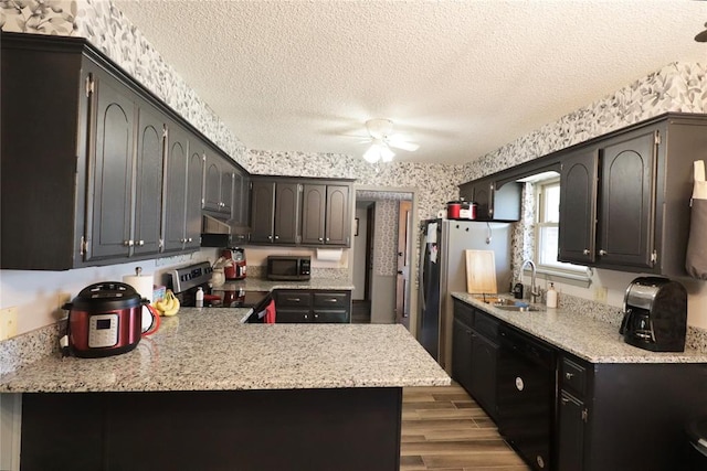 kitchen with light hardwood / wood-style floors, sink, kitchen peninsula, and stainless steel appliances