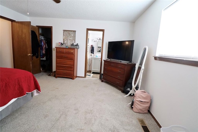 carpeted bedroom featuring ensuite bathroom, a closet, a textured ceiling, and multiple windows