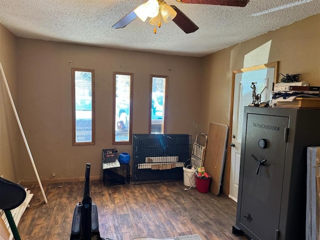 interior space featuring a textured ceiling, ceiling fan, and dark wood-type flooring