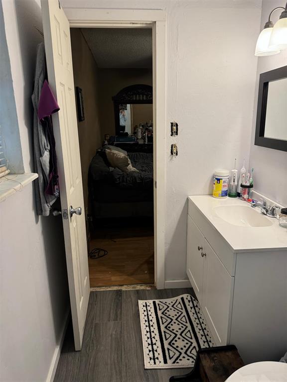 bathroom featuring hardwood / wood-style floors and vanity