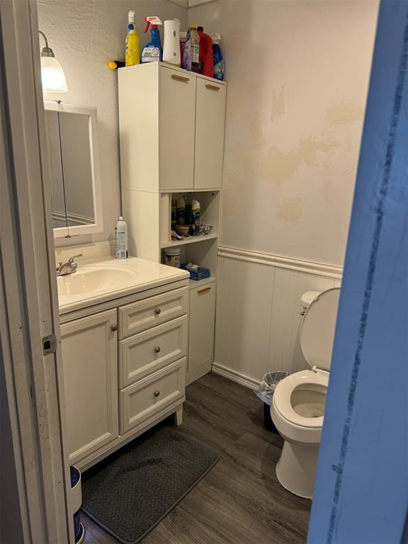 bathroom featuring hardwood / wood-style floors, vanity, and toilet