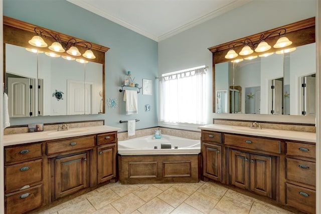 bathroom with plus walk in shower, vanity, ornamental molding, and tile patterned flooring