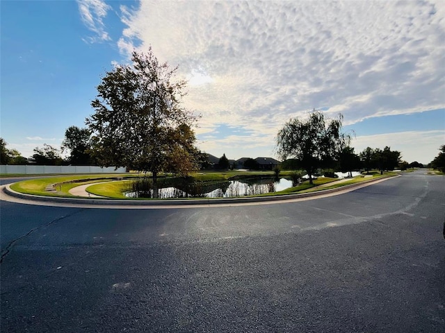 view of street with a water view