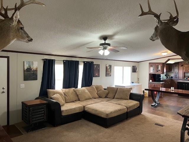 living room featuring wood-type flooring, a textured ceiling, ceiling fan, and crown molding