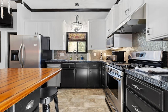 kitchen with sink, ornamental molding, appliances with stainless steel finishes, tasteful backsplash, and white cabinetry