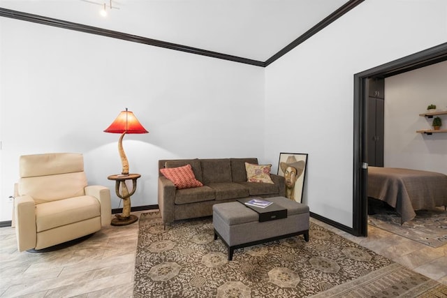 living room featuring crown molding