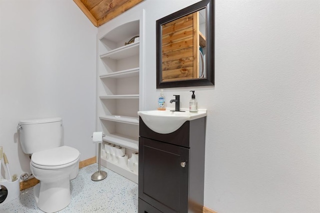 bathroom featuring vanity, toilet, lofted ceiling, and wood ceiling