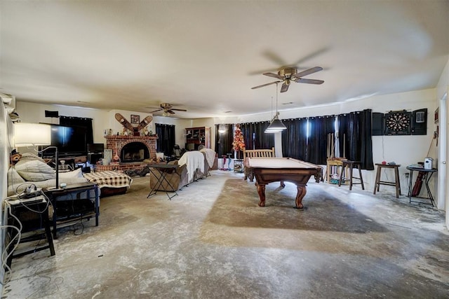 playroom featuring ceiling fan, concrete flooring, and pool table