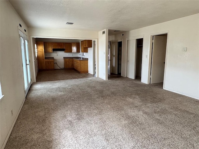 unfurnished living room with a textured ceiling, light colored carpet, a healthy amount of sunlight, and sink