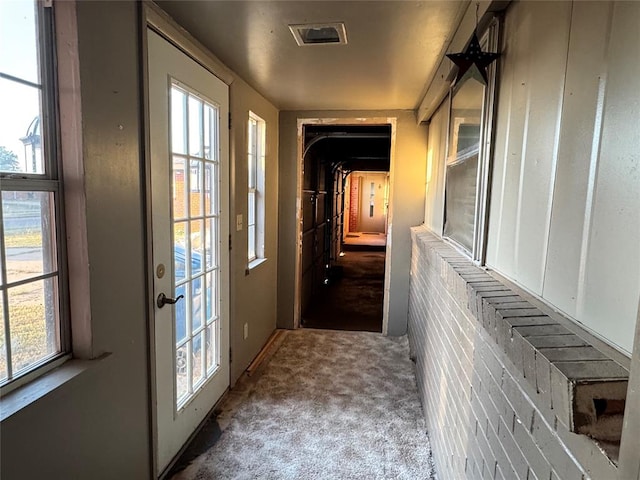 doorway to outside with carpet flooring and a healthy amount of sunlight