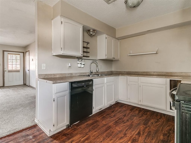 kitchen with dark wood-type flooring, sink, electric range, dishwasher, and white cabinetry