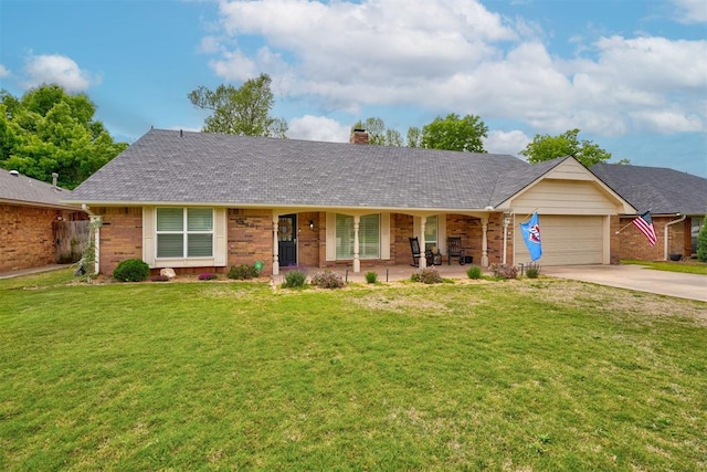 single story home with a front lawn, a porch, and a garage