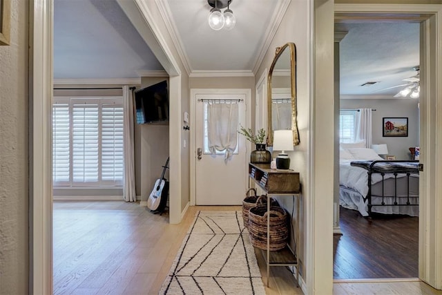 foyer with ornamental molding, light hardwood / wood-style flooring, and a healthy amount of sunlight