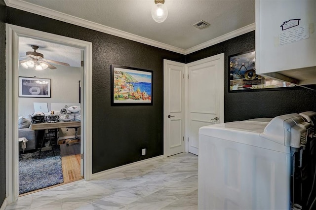 washroom with a textured ceiling, ceiling fan, light wood-type flooring, and crown molding