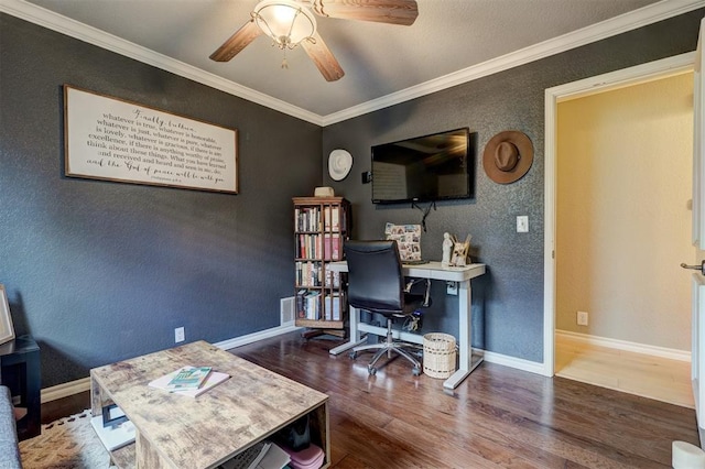 office area with hardwood / wood-style flooring, ceiling fan, and ornamental molding