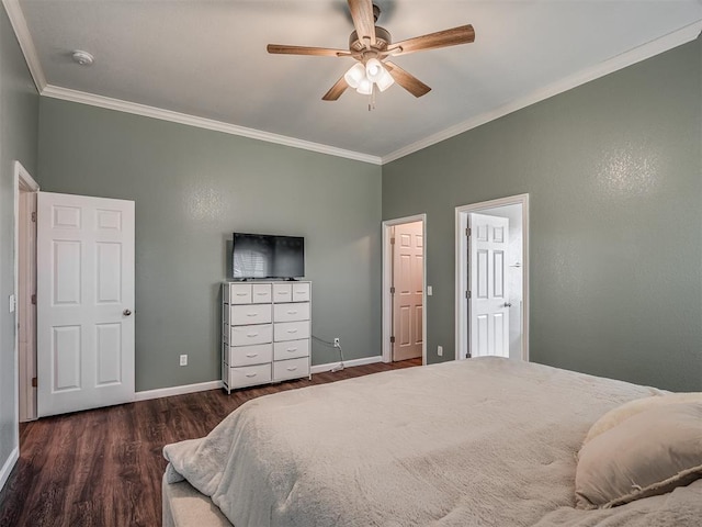 bedroom with ceiling fan, dark hardwood / wood-style flooring, and ornamental molding