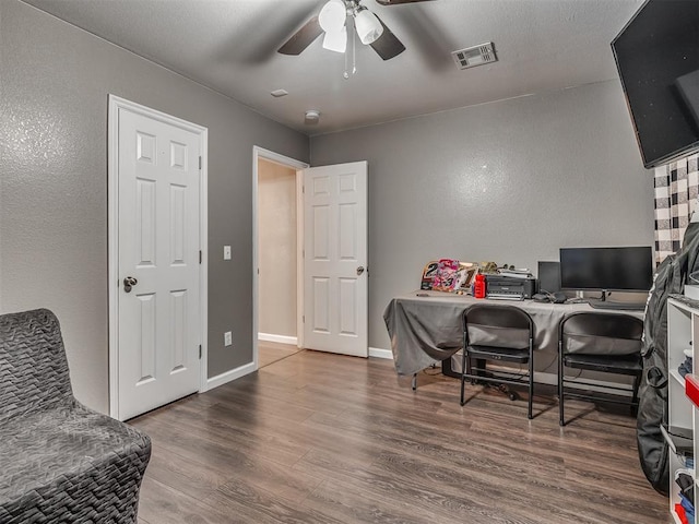 office area featuring hardwood / wood-style flooring and ceiling fan