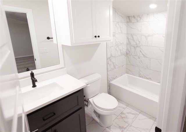 9201 Lupine Rd, Yukon, OK 73099 - bathroom featuring marble look tile flooring, vanity, toilet, bathtub / shower combination, and recessed lighting