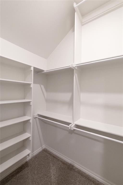 9201 Lupine Rd, Yukon, OK 73099 - spacious closet featuring dark carpet and vaulted ceiling