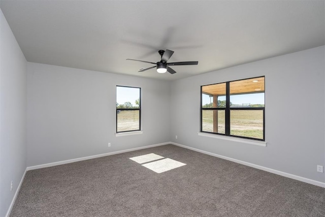 unfurnished room with carpet, ceiling fan, and a healthy amount of sunlight