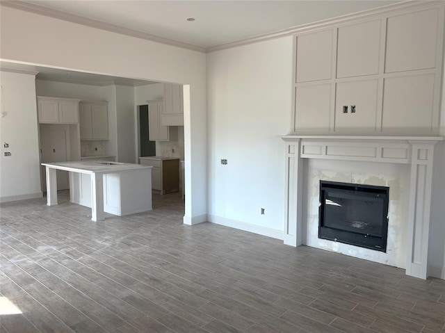 unfurnished living room with crown molding and a fireplace