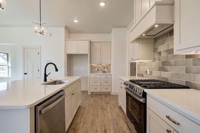 kitchen featuring ornamental molding, appliances with stainless steel finishes, a sink, and custom range hood