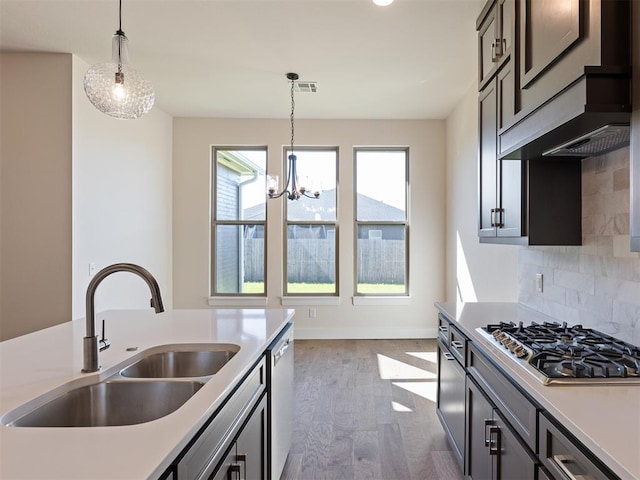 kitchen with decorative backsplash, stainless steel appliances, dark wood-type flooring, sink, and hanging light fixtures